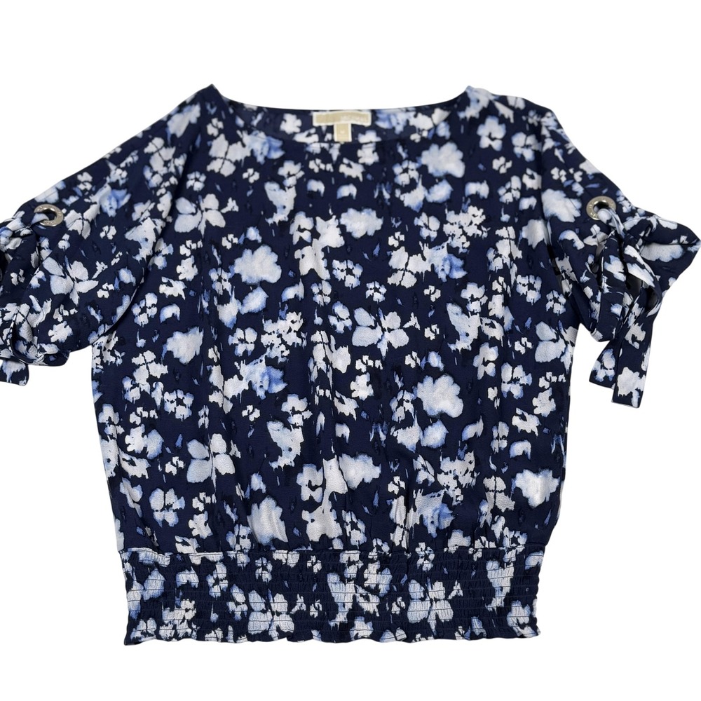 Michael Kors Shirt Medium Blue Floral Smocked Tie Sleeve Top Blouse Boho Chic